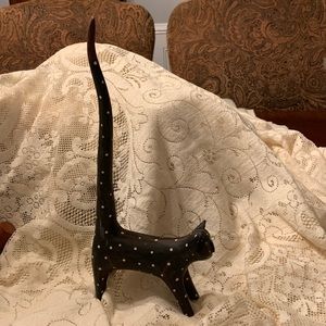 Vtg handmade folk art 12" Black with white polka dots cat figurine/ring holder.